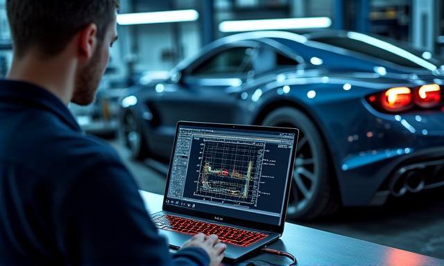 Technicus die een auto ECU herprogrammeert via een laptop