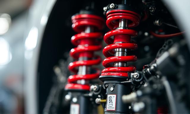 Close-up van een rode performance schokdemper en veer